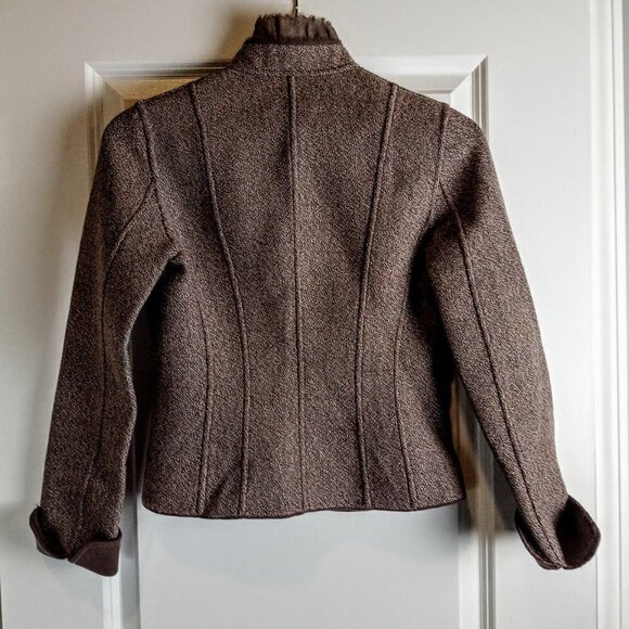 Elie Tahari Taupe Wool Raw Edge Velvet Trim Snap Front Fitted Jacket - Picture 2 of 8